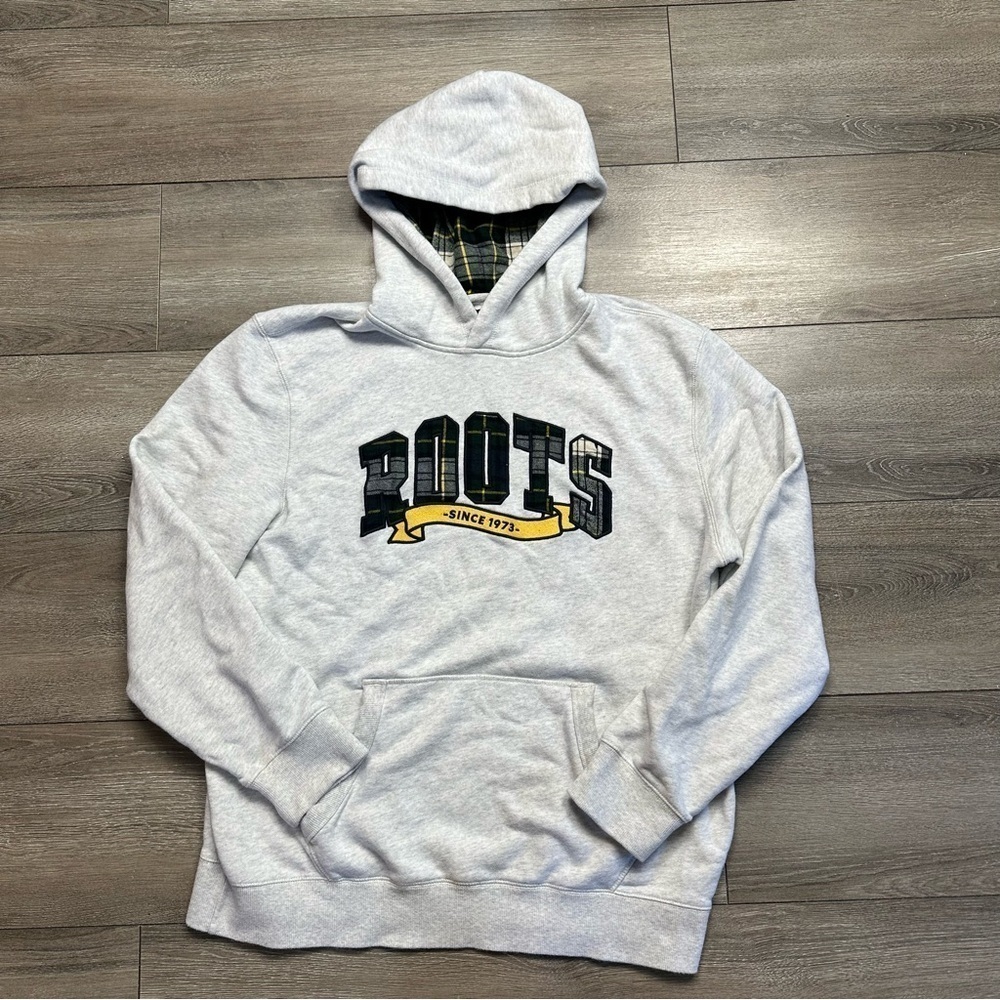 Roots Canada Pullover Hoodie Size L Logo Sweatshirt Gray Plaid